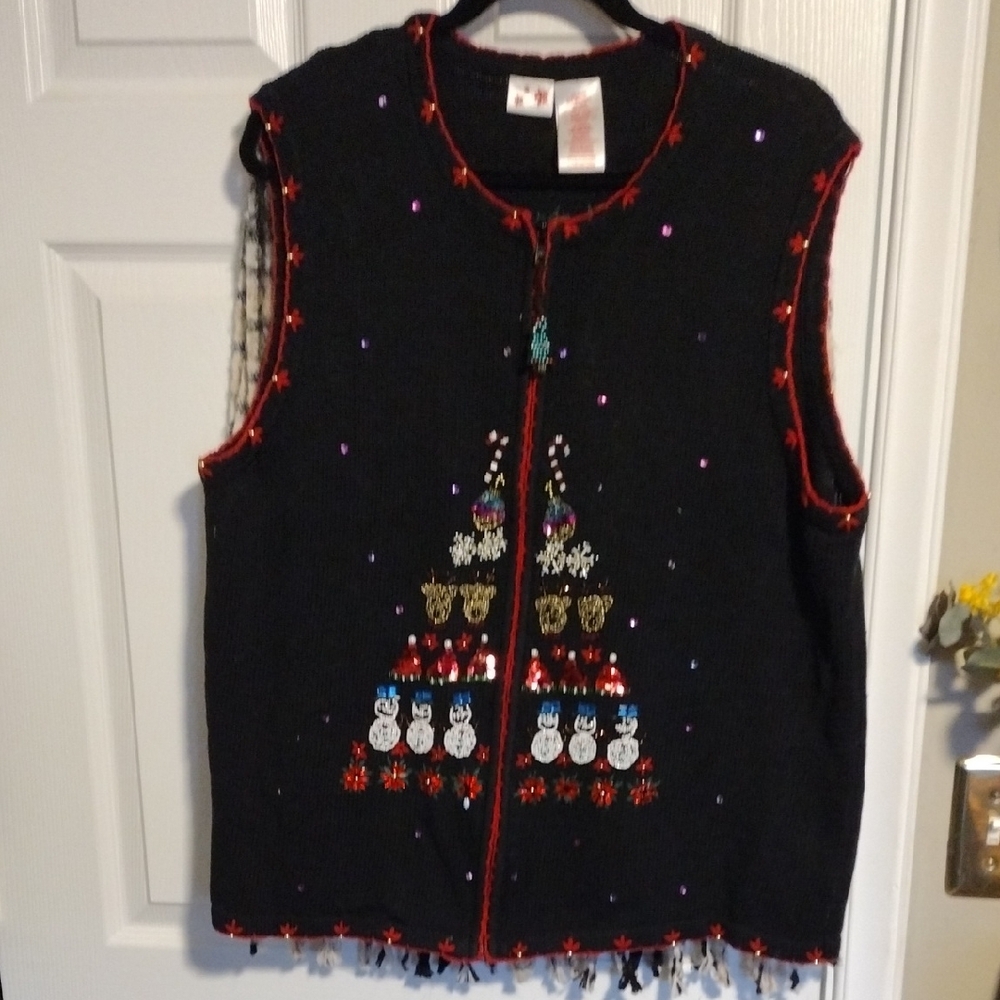 Festive Black Cardigan with Snowman and Tree Design